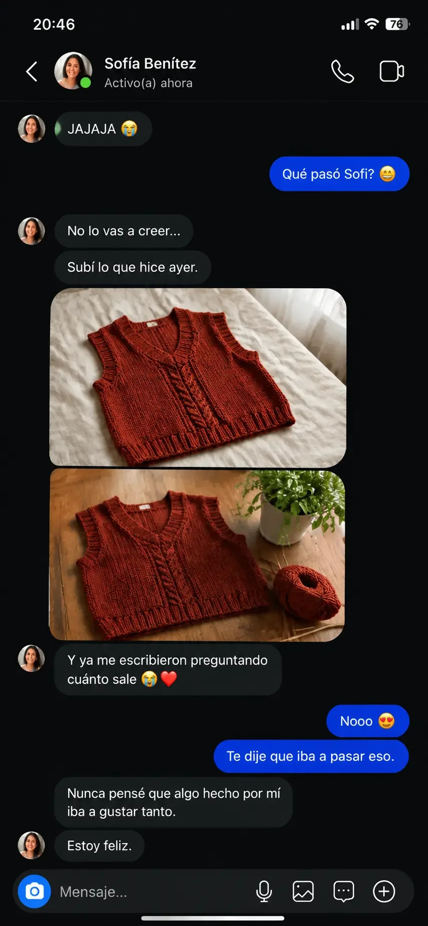 Mensaje de una tejedora en Instagram