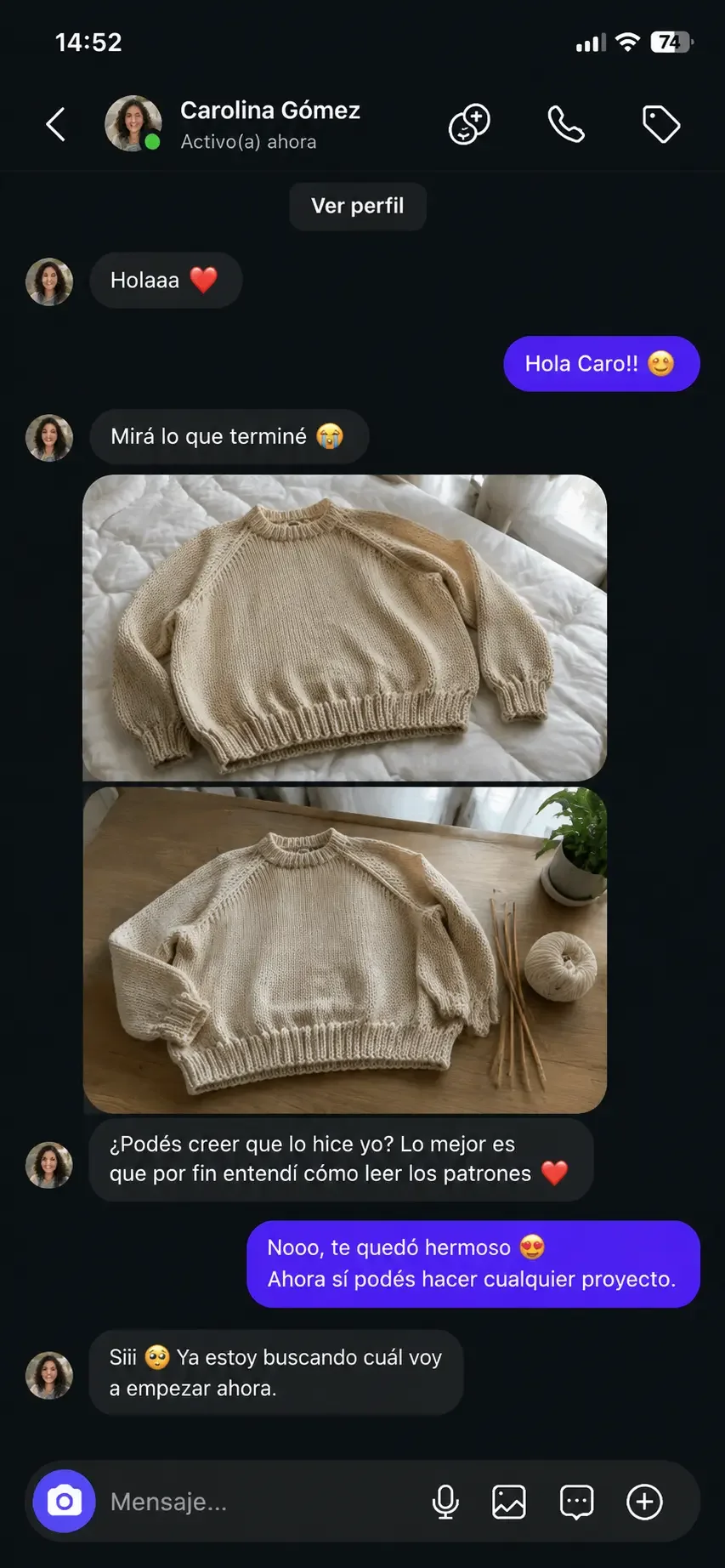 Mensaje de una tejedora en Instagram