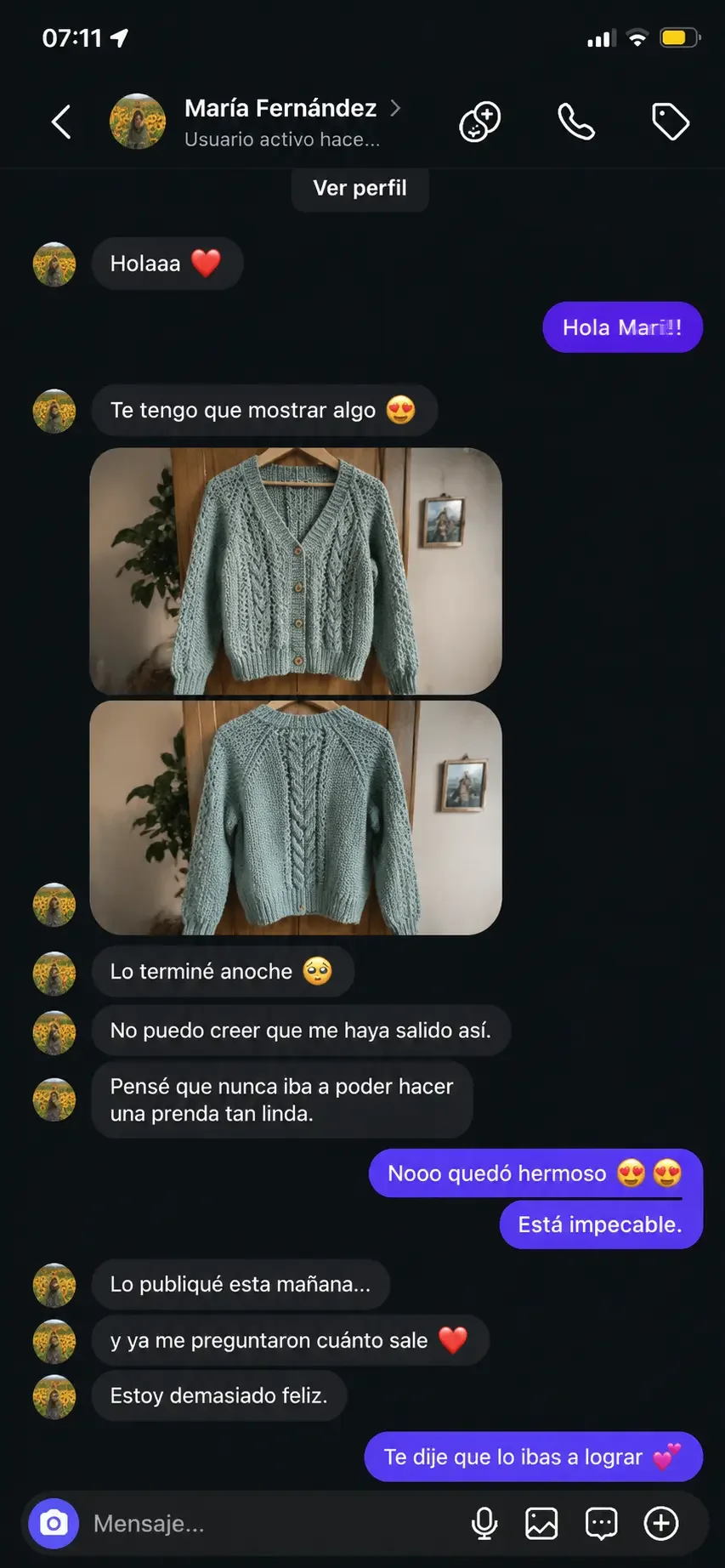 Mensaje de una tejedora en Instagram